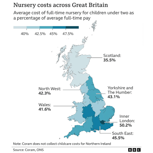 Map of UK showing Nursery costs across GB 