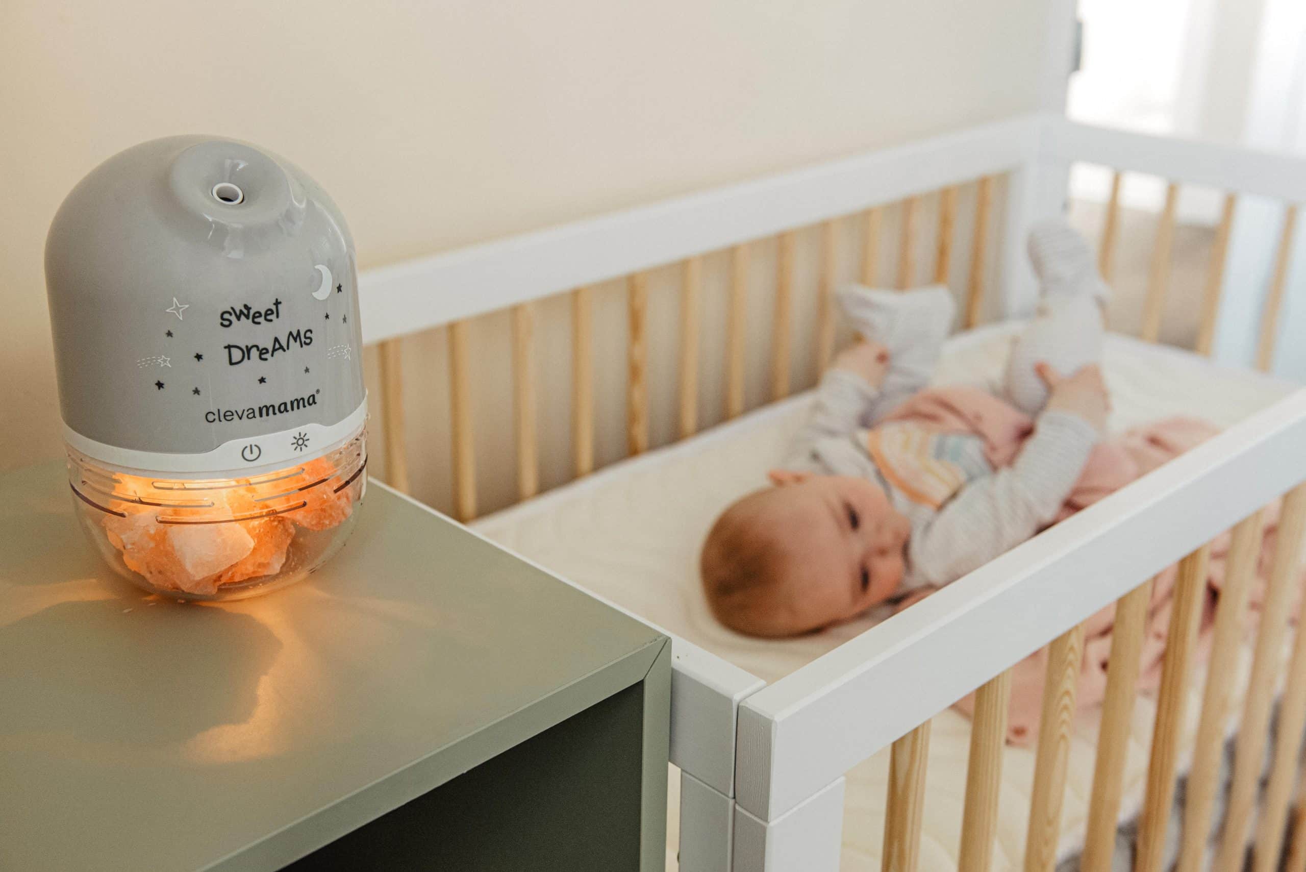 ClevaMama Salt Lamp baby in cot